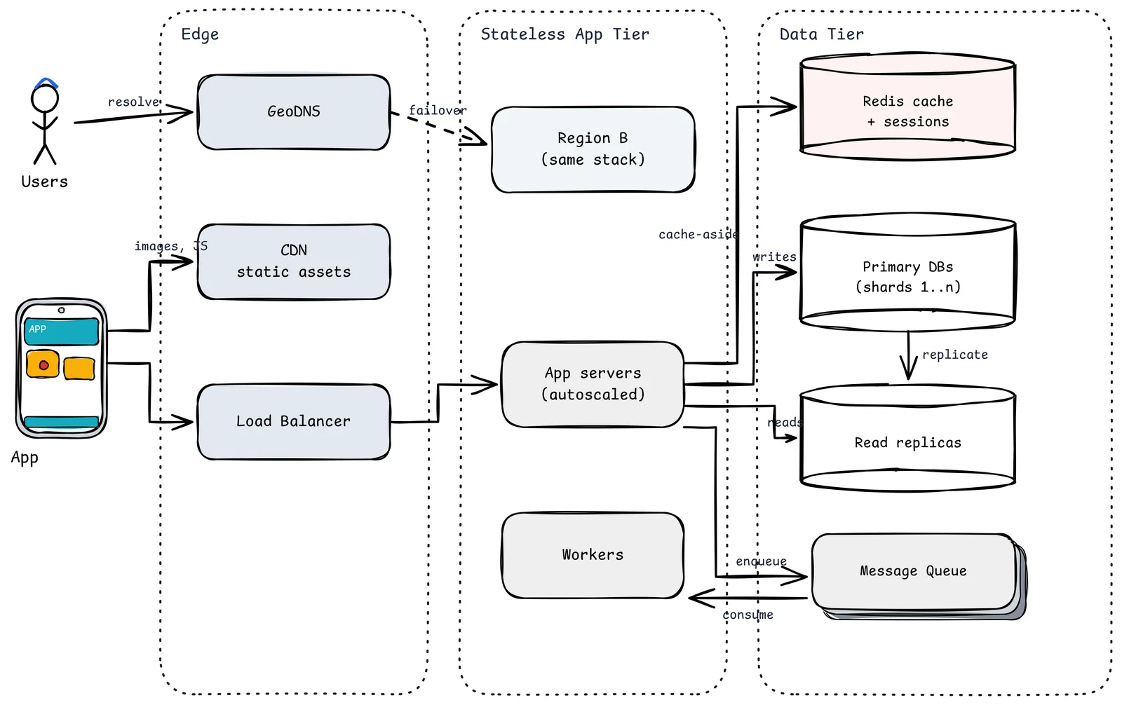 Arquitectura final: usuarios y apps móviles se resuelven por GeoDNS hacia la región más cercana, obtienen los estáticos de un CDN y llegan a servidores de aplicación sin estado y autoescalados detrás de un balanceador; los servidores usan Redis como caché y almacén de sesiones, escriben en bases de datos principales particionadas, leen de réplicas y encolan trabajo en segundo plano para workers mediante una cola de mensajes, con una segunda región que ejecuta la misma pila