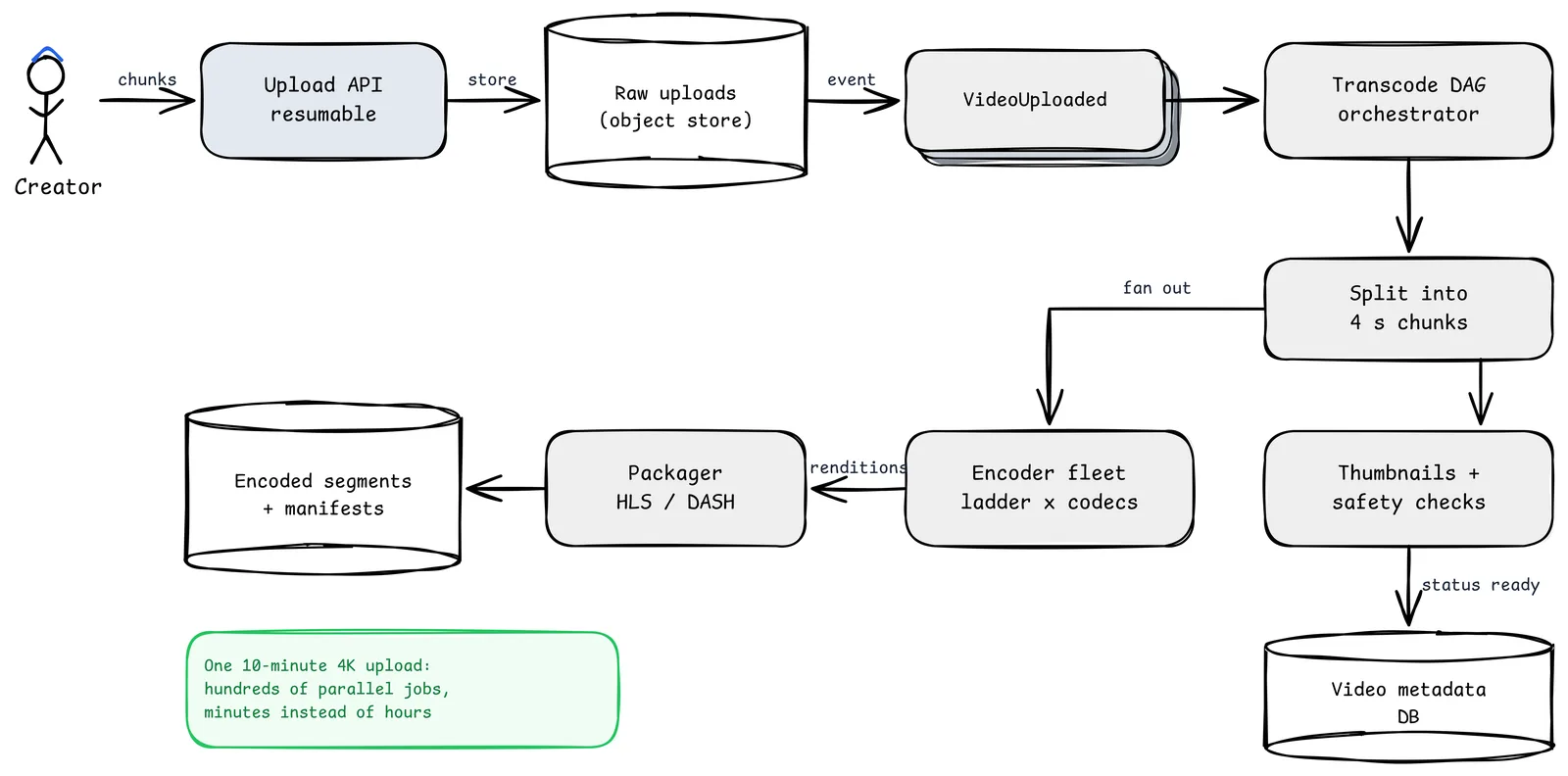 Video upload pipeline: the creator uploads chunks through a resumable upload API into raw object storage, a VideoUploaded event triggers a transcode DAG orchestrator that splits the video into four-second chunks, fans them out to an encoder fleet producing a bitrate ladder across codecs, a packager writes HLS and DASH segments and manifests, while thumbnails and safety checks run in parallel and update video metadata to ready